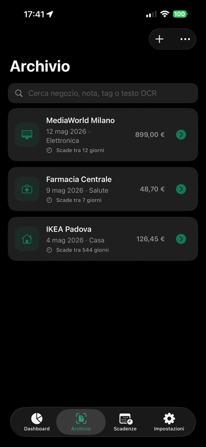 Archivio ScontrinoVivo con ricerca e lista degli acquisti salvati