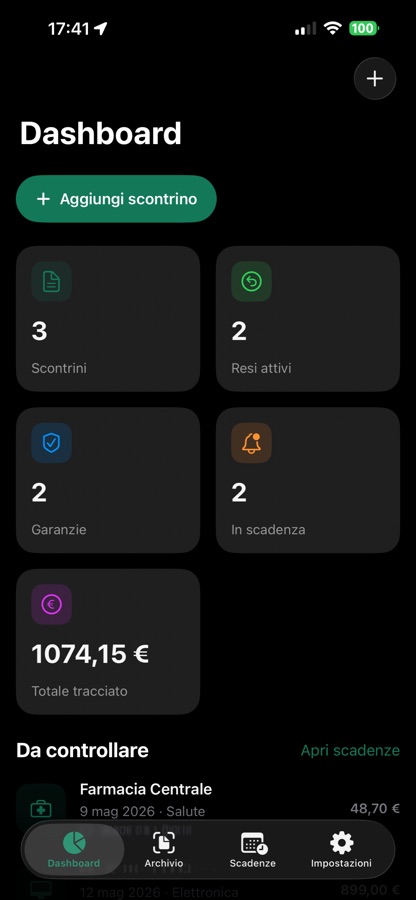 Dashboard ScontrinoVivo con riepilogo di scontrini, prodotti, resi e garanzie