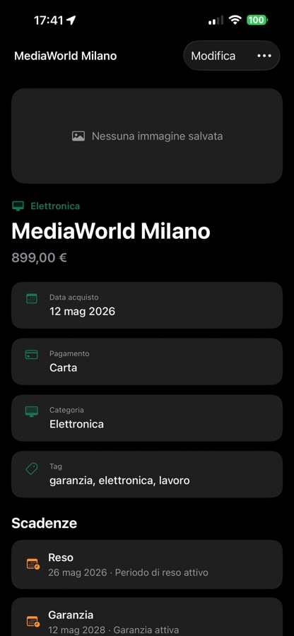 Dettaglio scontrino con prodotto, numero seriale, allegati e informazioni di garanzia